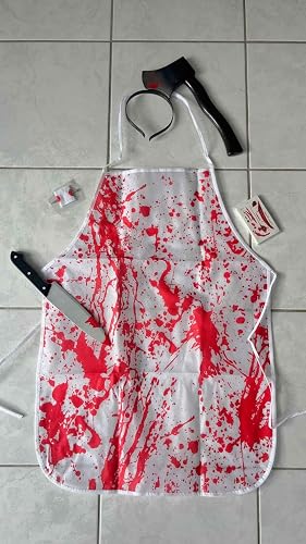 AEYAKA Déguisement Boucher Halloween avec Tablier Sanglant, Couteau Sanglant dans la Tête Ensanglantée & 30 Tatouages Zombie Déguisement Effrayant pour Femmes et Hommes, Carnaval, Cosplay, Mascarade