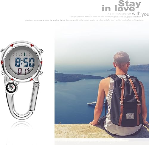 Miniatura 2 de Clip de brújula digital relojes de hombre blanco y negro, mosquetón impermeable con reloj despertador