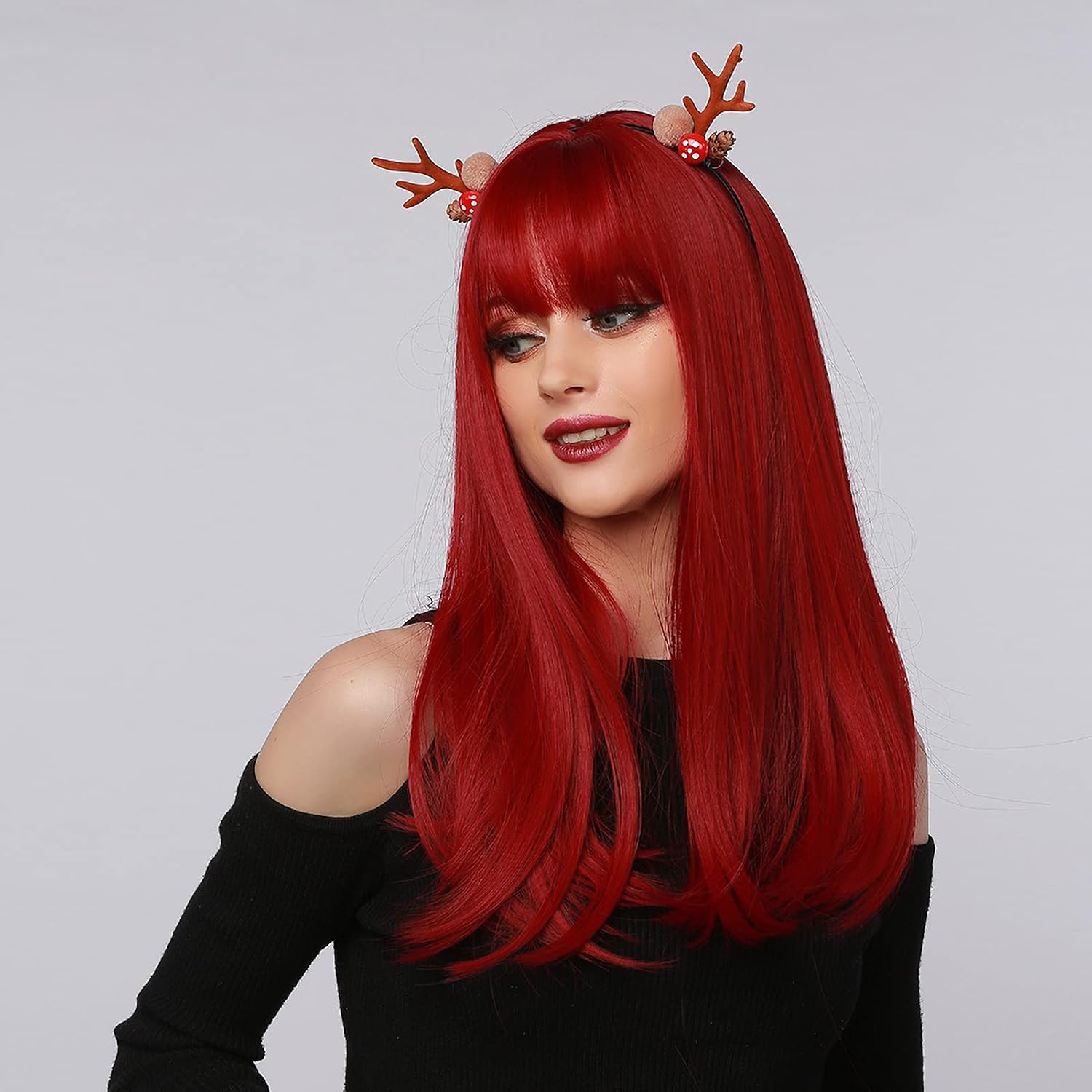 Long Red Human Hair Wig with Bangs Straight Synthetic Natural Hair Wigs for Black White Women Heat Resistant Natural Hairline Hair Fiber Wigs 22 Inch