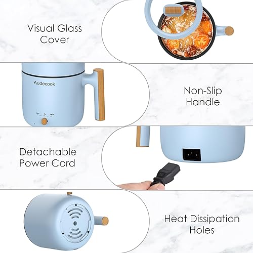 Vista 22 de Audecook Olla eléctrica con vaporizador, mini cocina portátil de viaje de 1.8 L, sartén eléctrica multifuncional antiadherente para E