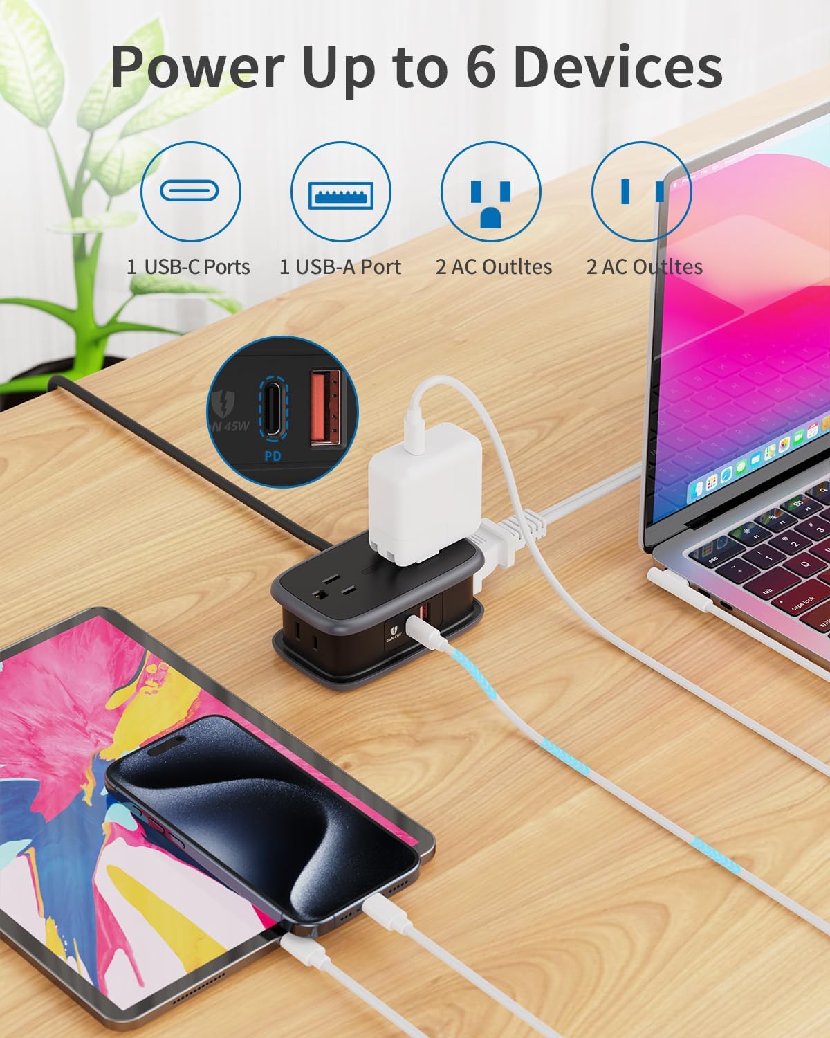 NTONPOWER GAN 63W Power Strip with USB C Port, 4 Outlets 2 USB(1 USB-C), 4ft Retractable Extension Cord with USB C Ports, Non-Surge Protector, Fast Charge Compatible with iPhone, MacBook Pro, Samsung
