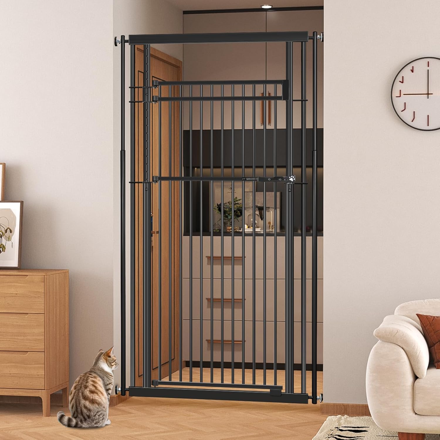 78.8" Extra Tall Pet Gate for Cat/Dog, 32.8-37.4" Wide Tall Cat Gate for Doorways/Hallways, NO Drilling Pressure Mounted Dog Gate for Stairs, Studio, Kitchen (White)