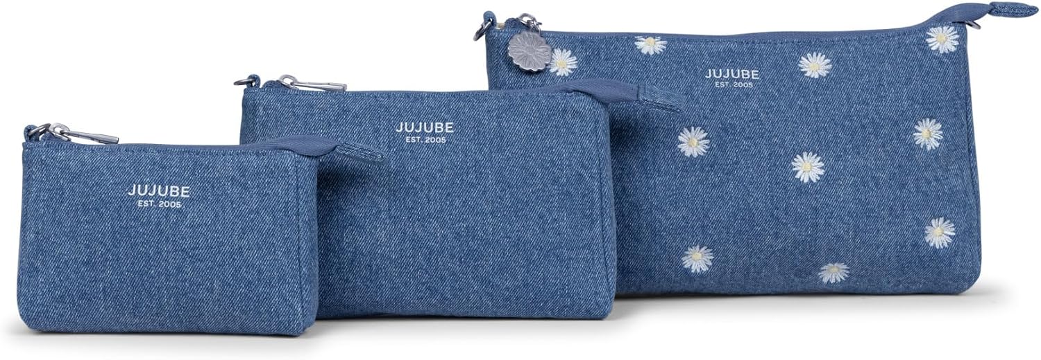 JuJuBe 3-Piece Pouch Set Diaper Bag Organizing Pouches, Perfect for Travel, On The Go, Zipper Cosmetic Makeup Bag or Diaper and Wipes Storage Pouch, Large, Medium, & Small, Denim & Daisies (Blue)