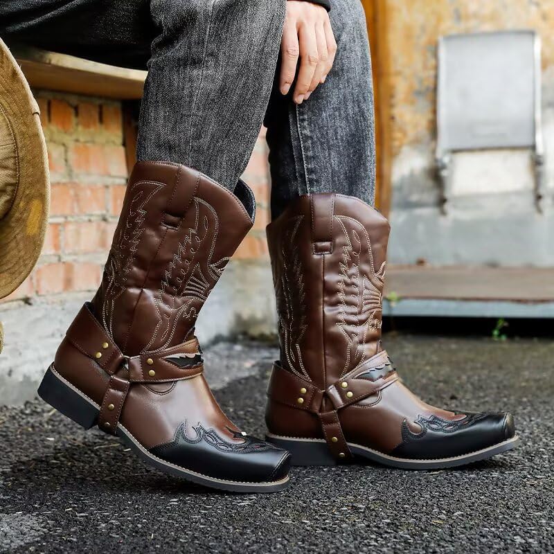 Image of Cowboy Boots for Men - Western Men's Boots with Classic Embroidered, Slip on Square Toe Boots, Slip Resistant Country Boots