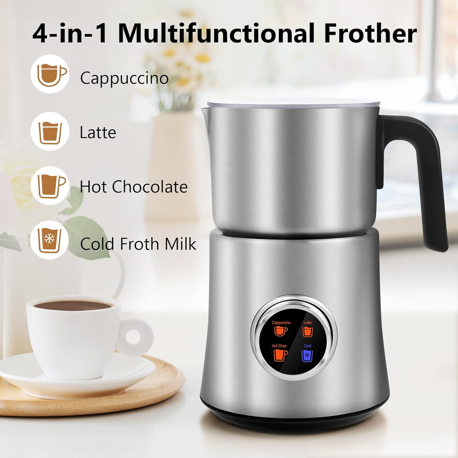 Milk Frother and Steamer, 4-in-1 Detachable Milk Frother, Automatic Hot & Cold Foam Maker and Milk Warmer, 17 oz/500 ml, Knob Control, Dishwasher Safe for Latte, Cappuccino, Hot Chocolate