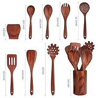 Vista 2 de Juego de utensilios de cocina, 16 piezas, cucharas de madera para cocinar, espátula antiadherente de teca natural con soporte para cuchara, agarre