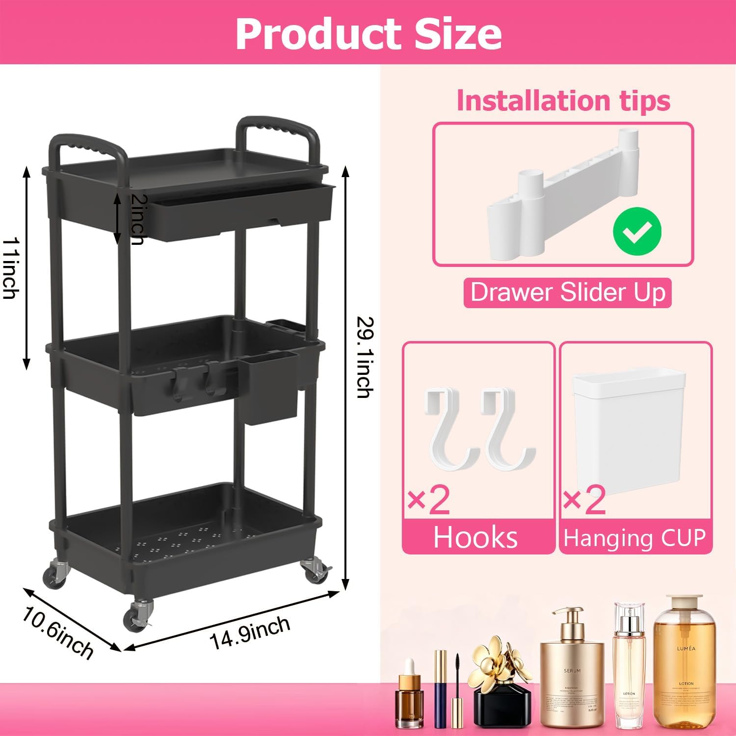 REBECAT 3 Tier Rolling Makeup Cart Cosmetic Display Organizer with Drawer image 2