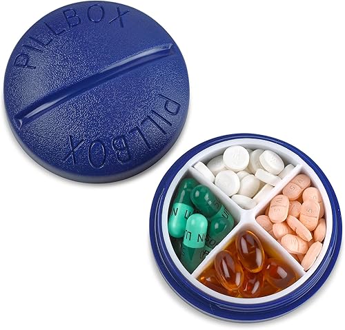 Miniatura 9 de Pastillero redondo para viajes, mini organizador compacto portátil de 4 compartimentos, dispensador de vitaminas y medicamentos hasta 4 veces al