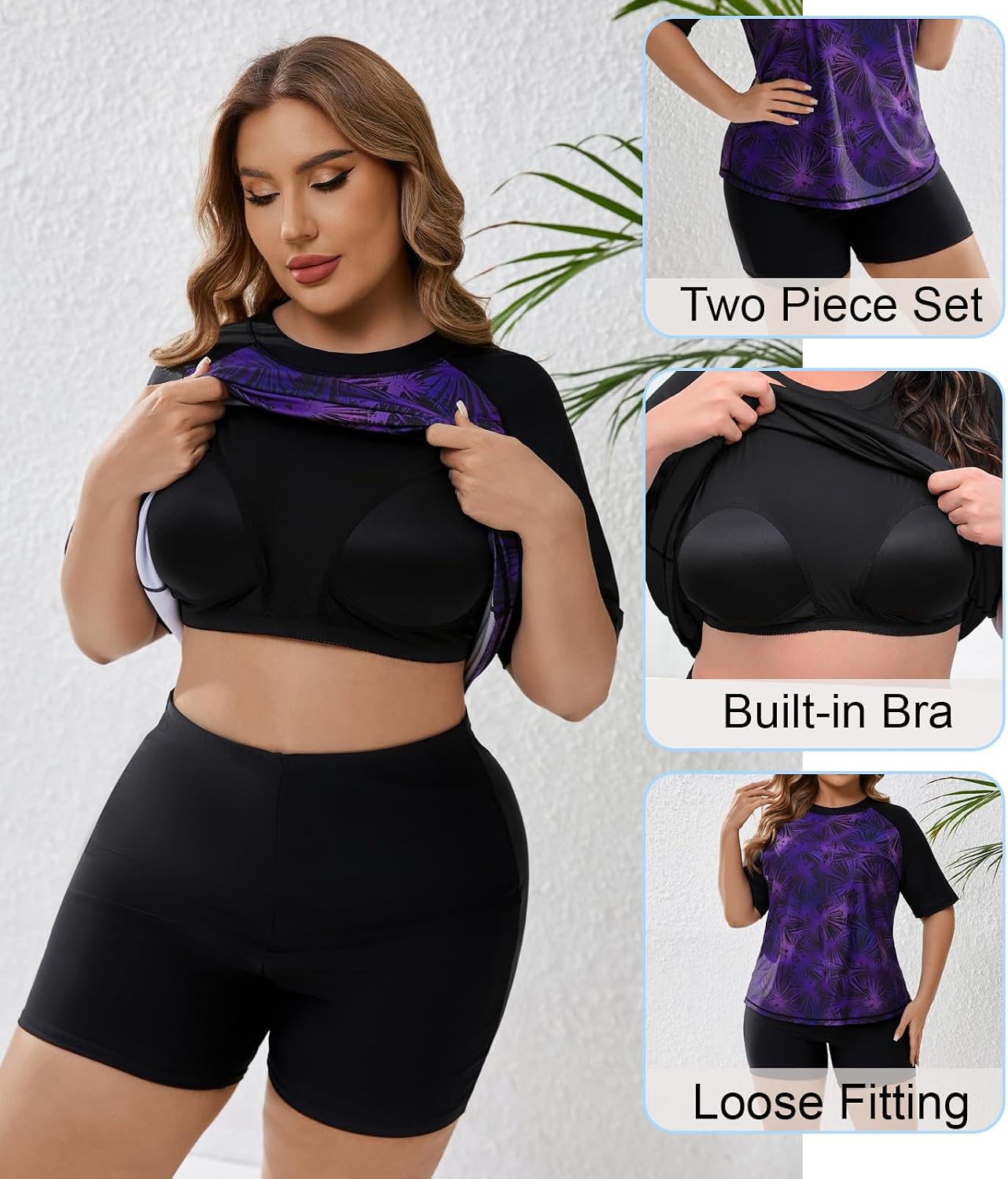 JOYBIK Women's Plus Size Short Sleeve Rash Guard with Built in Bra UPF50+ Swim Shirt and Shorts Two Piece Swimsuit