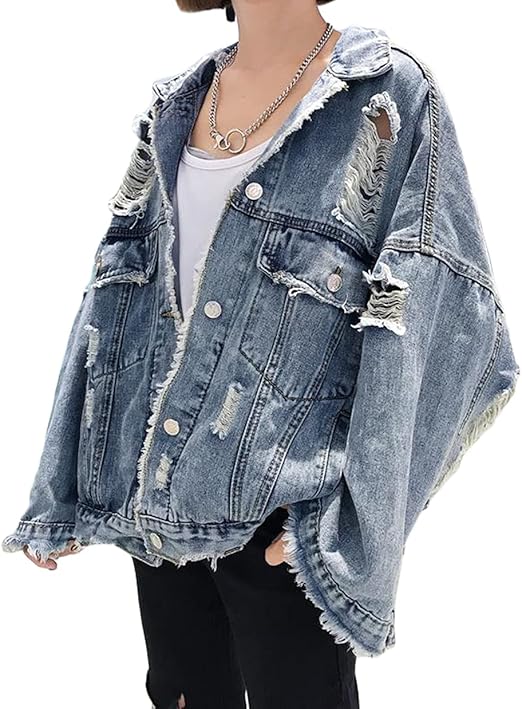 Amazon Zhongjue ジュージェン ジージャン レディース ゆったり Gジャン Gジャン 秋 アウター デニムジャケット ダメージ加工 ジャンパー 韓国ファッション Freesizeブルー コート ジャケット 通販