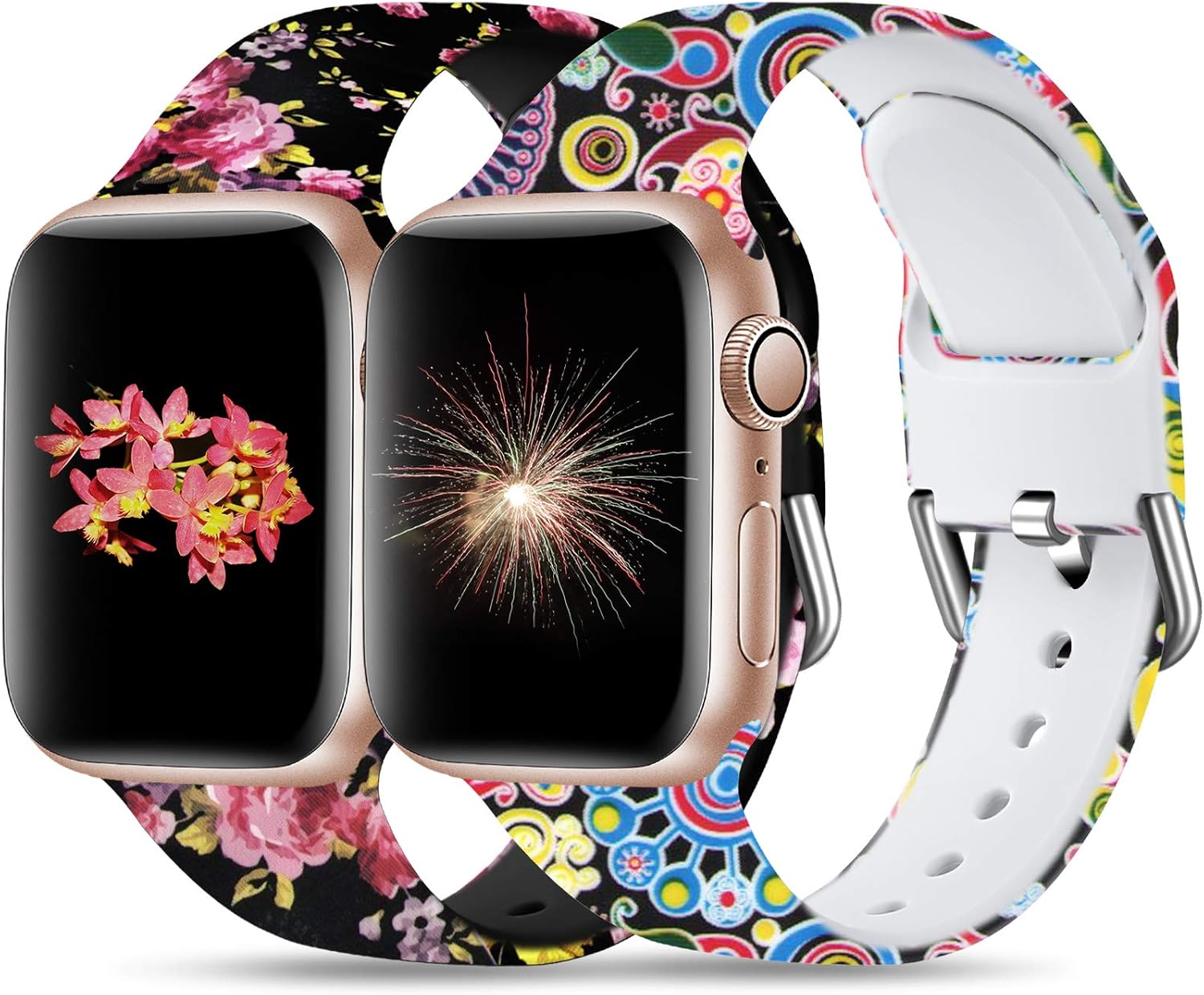 Dirrelo Compatible for Apple Watch Bands 40mm 38mm Soft Silicone Pattern Printed Band Strap for iWatch SE & Series 6 & Series 5 4 3 2 1 Women Men Wristband, S/M 2-Pack Pink Flower & Fireworks