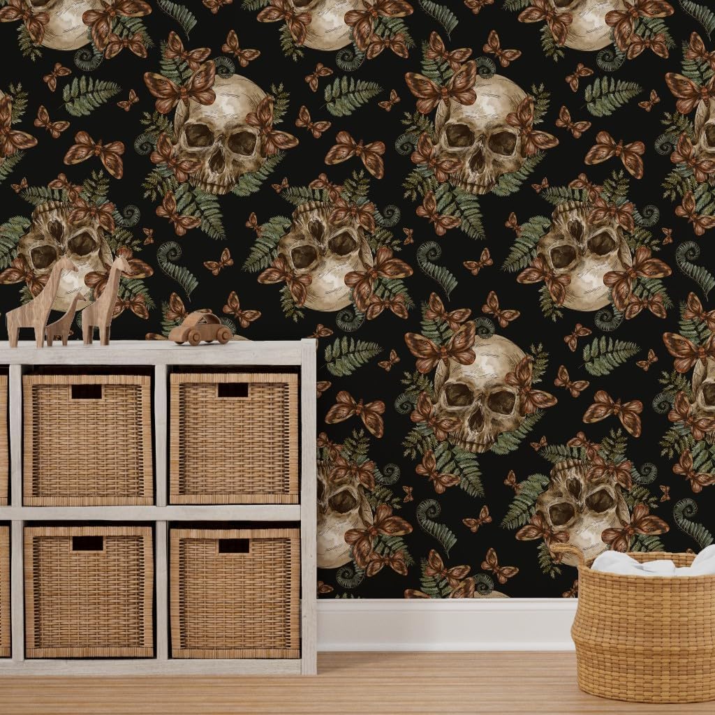 Peel & Stick Wallpaper 3ft x 2ft - Moth Skull Black Vintage Skeleton Fern Halloween Custom Removable Wallpaper by Spoonflower
