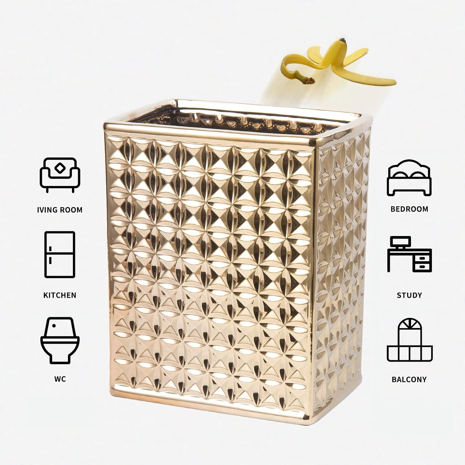 Bathroom Accessories Set 5 Piece Bath Ensemble Includes Soap Dispenser, Toothbrush Holder, Toothbrush Cup, Soap Dish and Trash Can for Decorative Countertop and Housewarming Gift, Gold