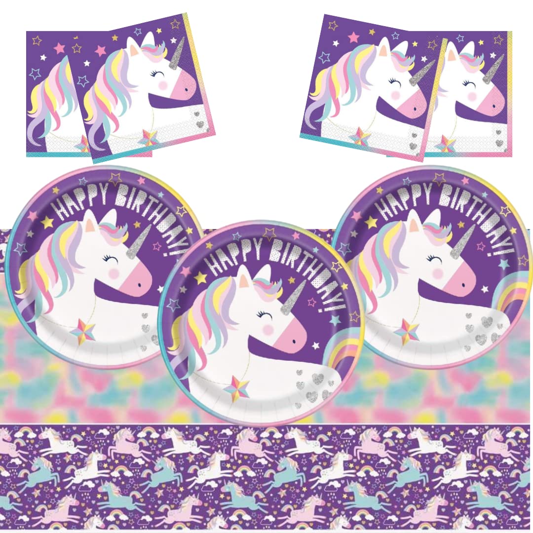Partymax Unicorn Party Tableware Set for 16 Guests- 16 Plates, 16 Napkins and Table cover- Magical Unicorn Birthday Party