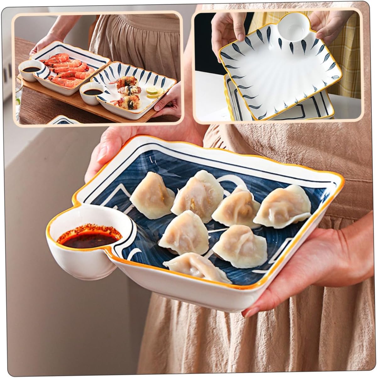 GLEAVI Creative Ceramic Sushi Tray and Dumpling Plate Set, 4pcs Japanese Style Porcelain Sushi Plates with Dipping Bowls for Appetizers and Snacks, Food-grade Tableware for Random Color