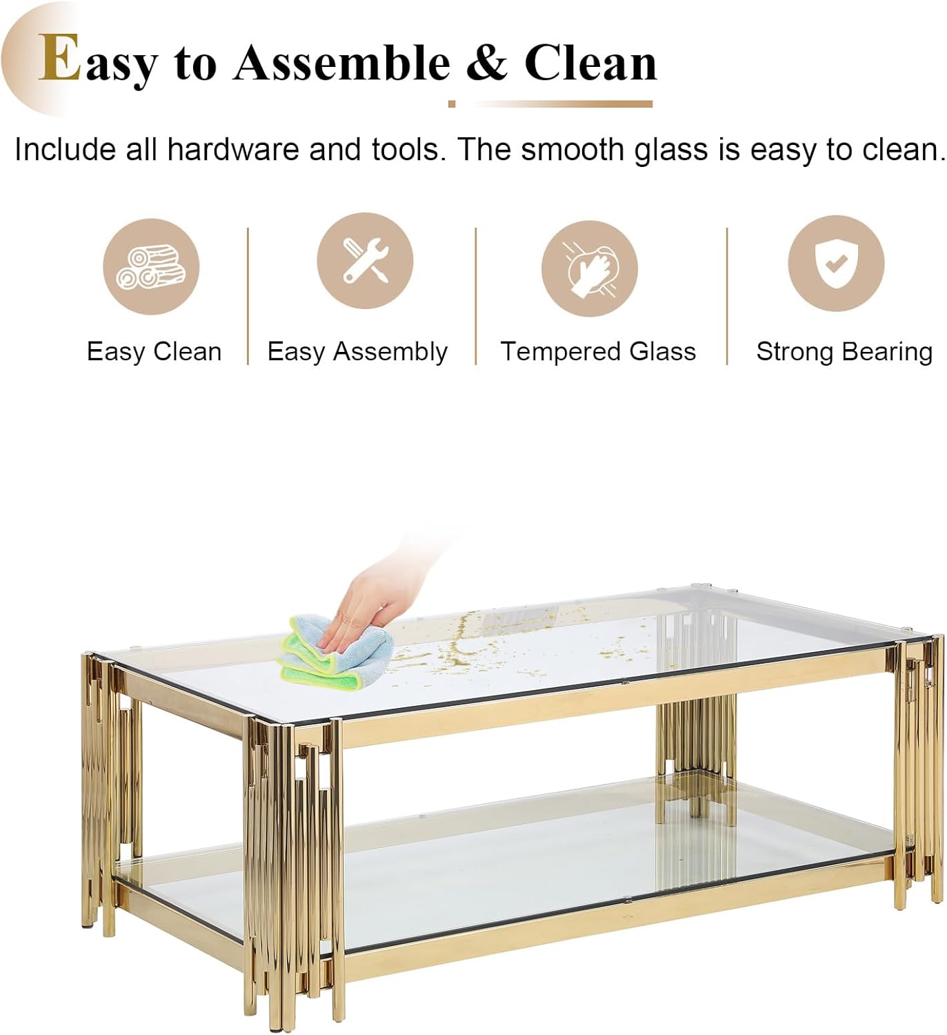 48" Rectangular Glass Coffee Table, Luxury 2-Tier Center Table with Storage & Gold Stainless Steel Frame, Modern Clear Glass Accent Coffee Cocktail Table for Living Room