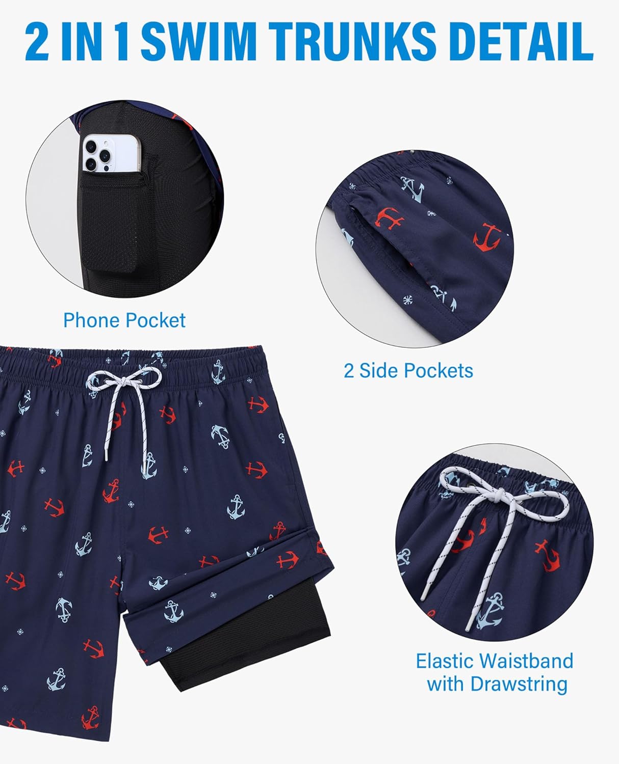 Gleeease 9inch Mens Swim Trunks with Compression Liner Pockets Drawstring Quick Dry Stretch Lined Funny Beach Swimming Surf