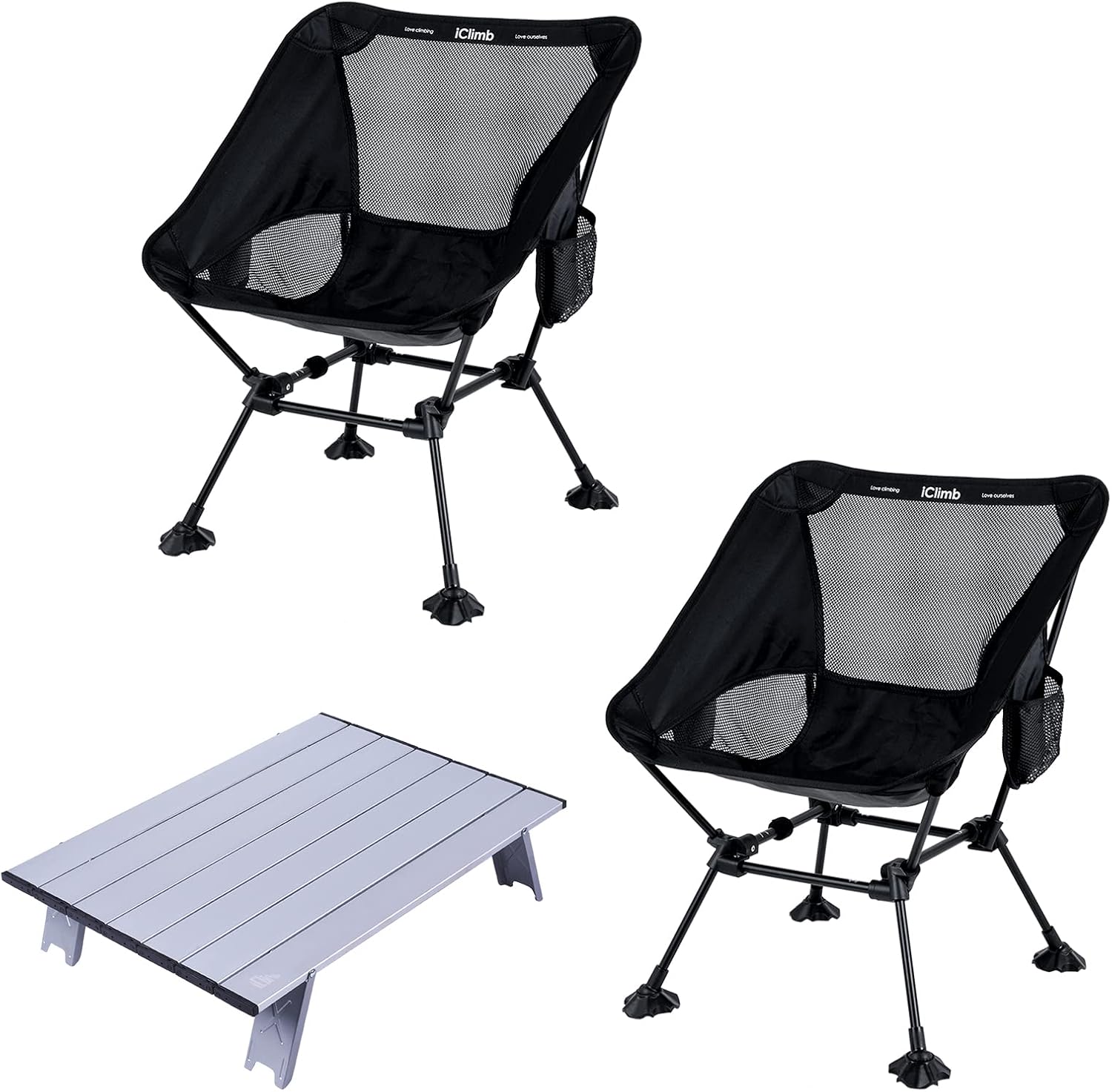 iClimb 1 Mini Folding Table and 2 Anti-Sinking Large Feet Chair Bundle, Ultralight Compact for Adults Outdoor Backpacking Camping Hiking Beach Concert