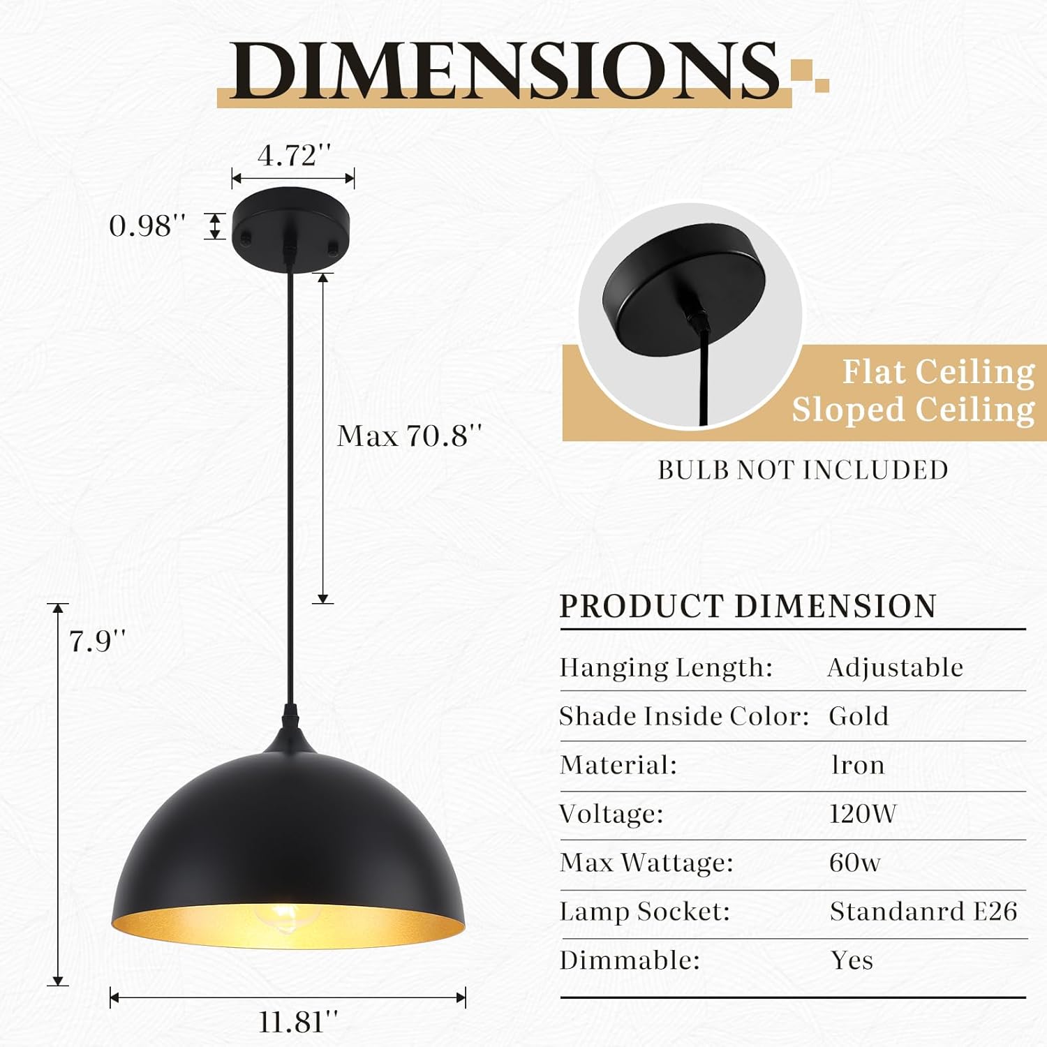 Black Pendant Light Fixtures, Pendant Island Lights for Kitchen, 11.8 inch Hanging Lights, Farmhouse Pendant Kitchen Light, Lighting Decor for Bedroom, Living Room, Dining Room (1 Pack) Black+Gold 12"x1