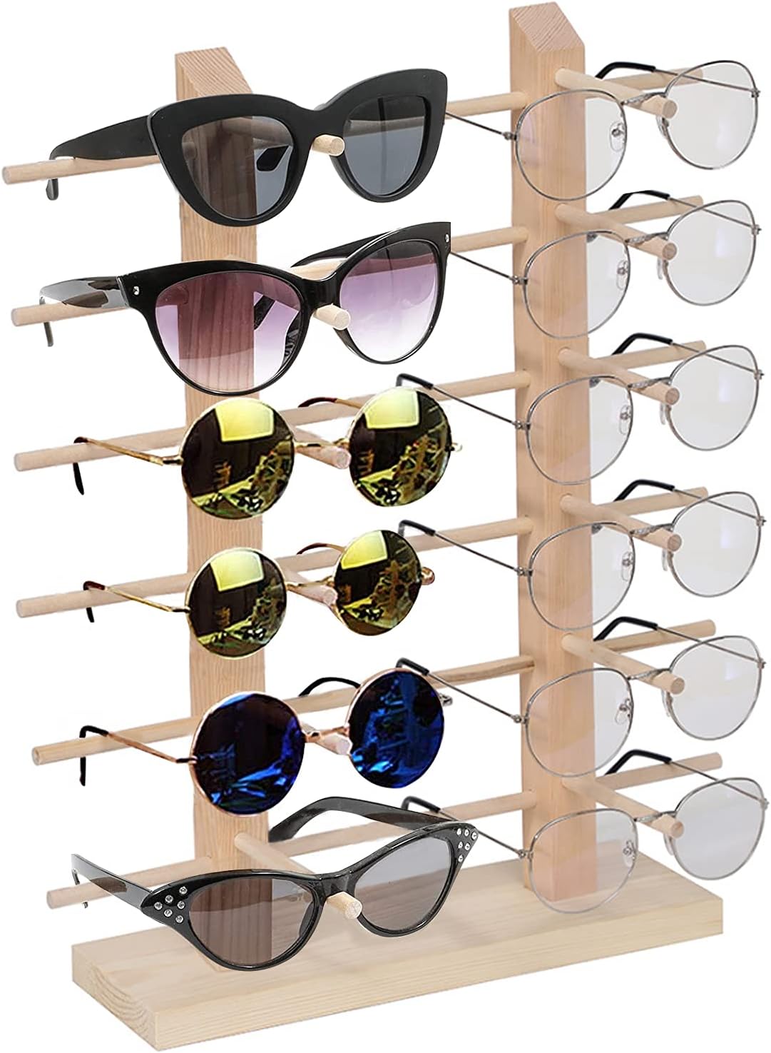 Wooden Sunglass Rack, 12 Pair Wood Sunglass Display Stand Frame Glasses Holder Organizer for Home or Glasses Shop Display,16.81 x 13.58 x 5.62 inches (6 Tier)