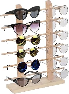 Wooden Sunglass Rack, 12 Pair Wood Sunglass Display Stand Frame Glasses Holder Organizer for Home or Glasses Shop Display,16.81 x 13.58 x 5.62 inches (6 Tier)