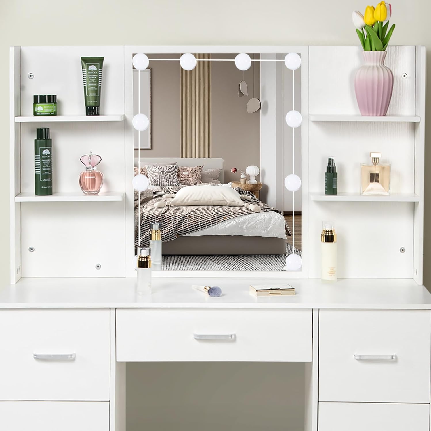 Large Dressing Table 55inches Vanity Set with Mirror and Lights, 6 Drawers 3 Display Shelves Vanity Desk for Storing, Makeup Table with Chair for Girls and Women, White