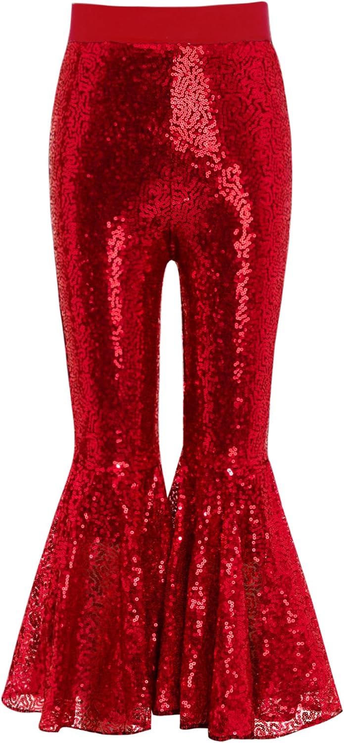 Sequins Floral Lace Bell-Bottom Jazz Dance Pants Elastic Waist Flare Trousers for Dance Stage Performance