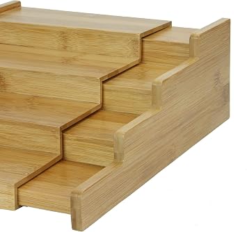 MAGNA RETAIL Bamboo Spice Rack Organiser | Tiered Extending Spice Organiser | Kitchen Storage Rack | Seasoning and Small Jars Kitchen Countertop Organizer | Extendable Shelf (4-Tier)