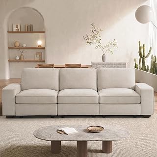 TEKAMON 100" Modular 3-Seater Sofa with Storage, Deep Seat Chenille Couch, Wide Arms, USB Ports, Removable Washable Covers - Beige
