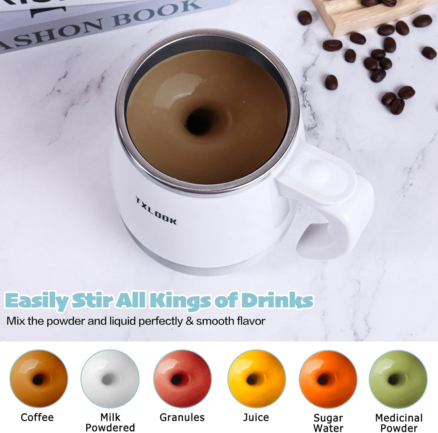 Self Stirring Mug, Rechargeable Automatic Magnetic Stirring Coffee Mug with Transparent Lid, 400ml, White, Stainless Steel Liner + Plastic Shell, Perfect for Home, Office, Gym, School - Image 6