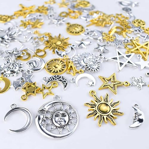 Miniatura 5 de 110 dijes de sol y luna para fabricación de joyas, colgantes de luna de aleación, dijes vintage de estrella celestial para collares, pulseras,