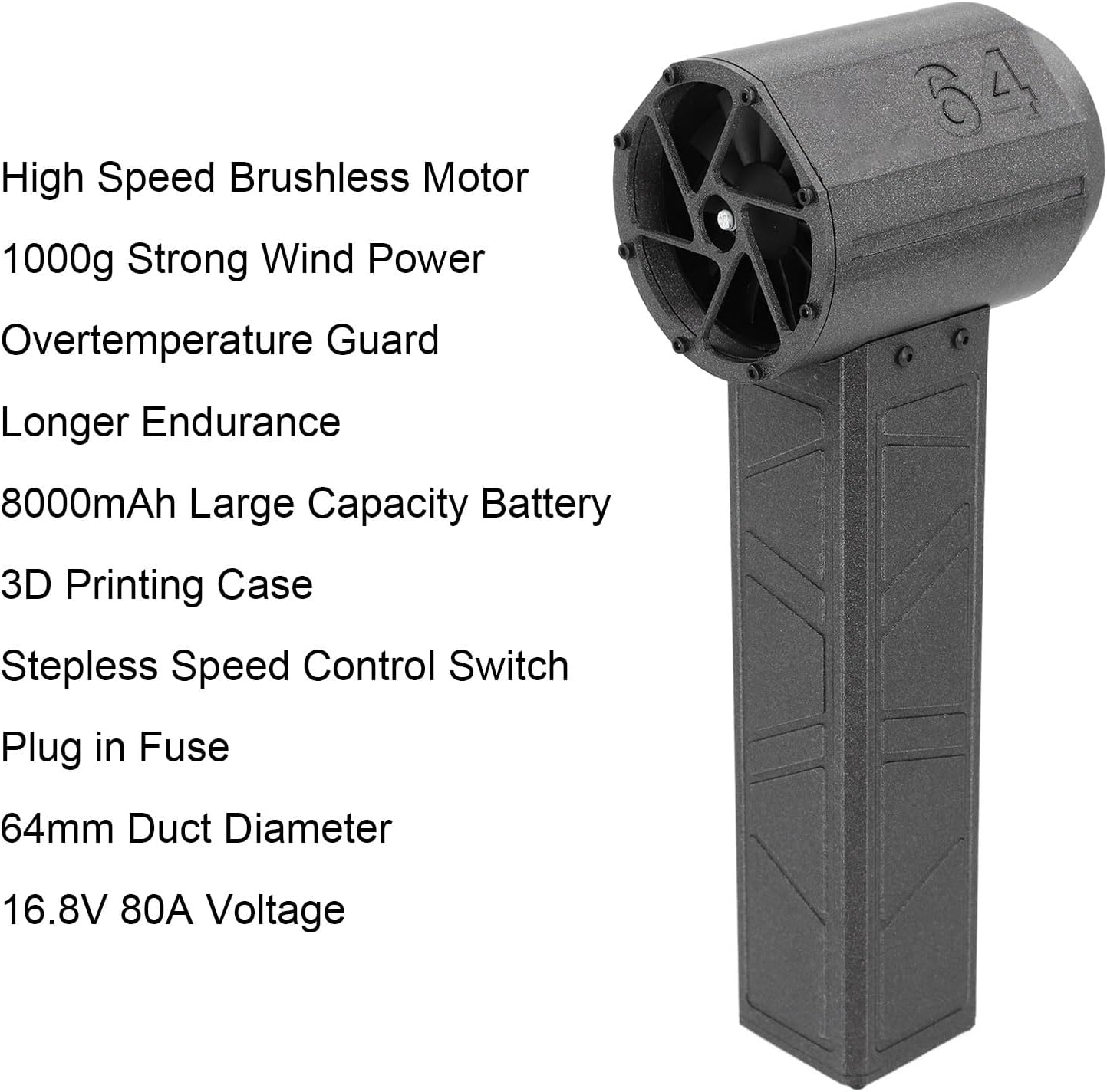 Dry Blower, 60000RPM 11 Blades Turbine Fan 64mm Duct High Speed Brushless Motor, 1000G Powerful Thrust, Stepless Speed Adjustment, 8000mAh Battery for Car Keyboard (US Plug