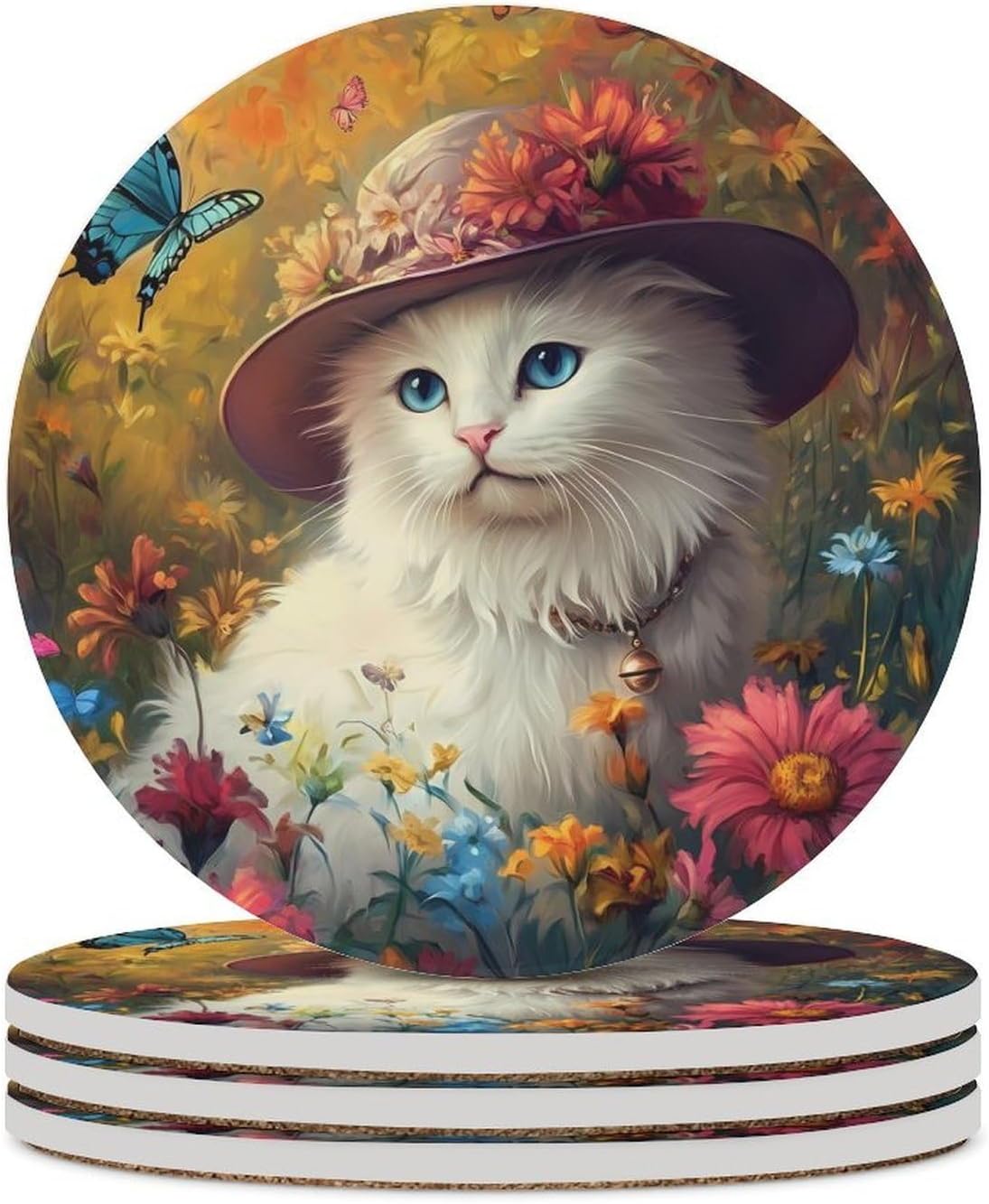 White Cat Coasters for Drink Round Ceramic Coaster with Cork Base Home Decorative 4PCS