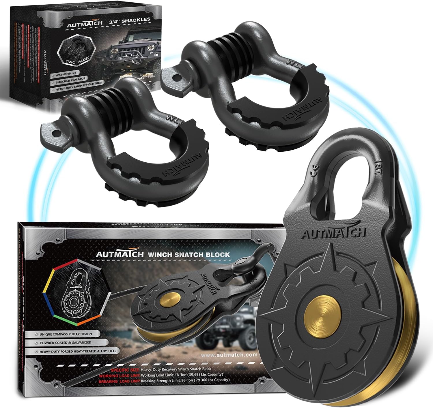 AUTMATCH 3/4" D Ring Shackles with Winch Snatch Block Pulley 18 Ton, Max 79,366Lbs Break Strength, Heavy Duty Off Road Recovery Towing Pulley Blocks Winch Rope, ATV, UTV, Truck, Gunmetal