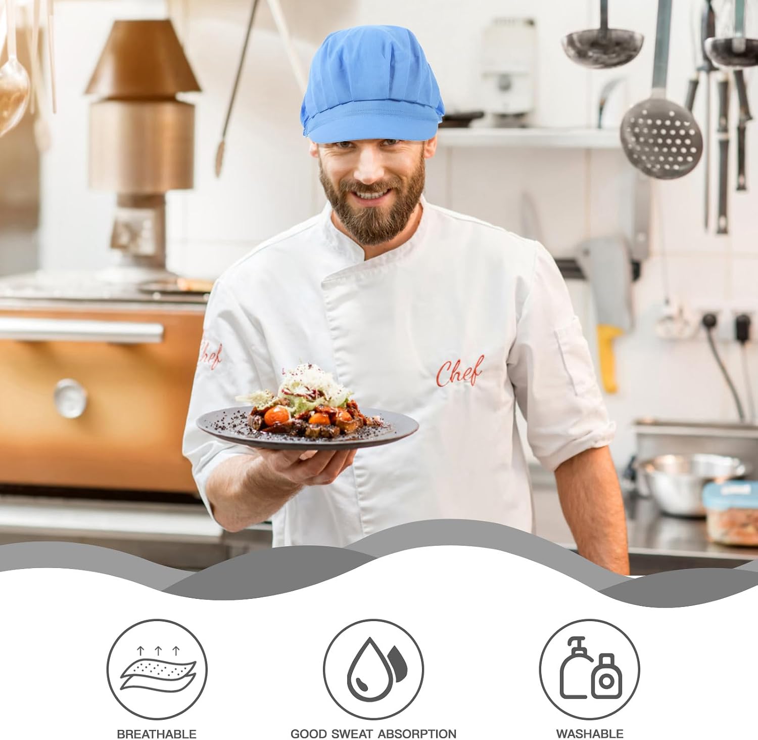 Chef Hat Work Cap Breathable Blue Cotton Dust Hat Unisex for Food Service and Workshop Use