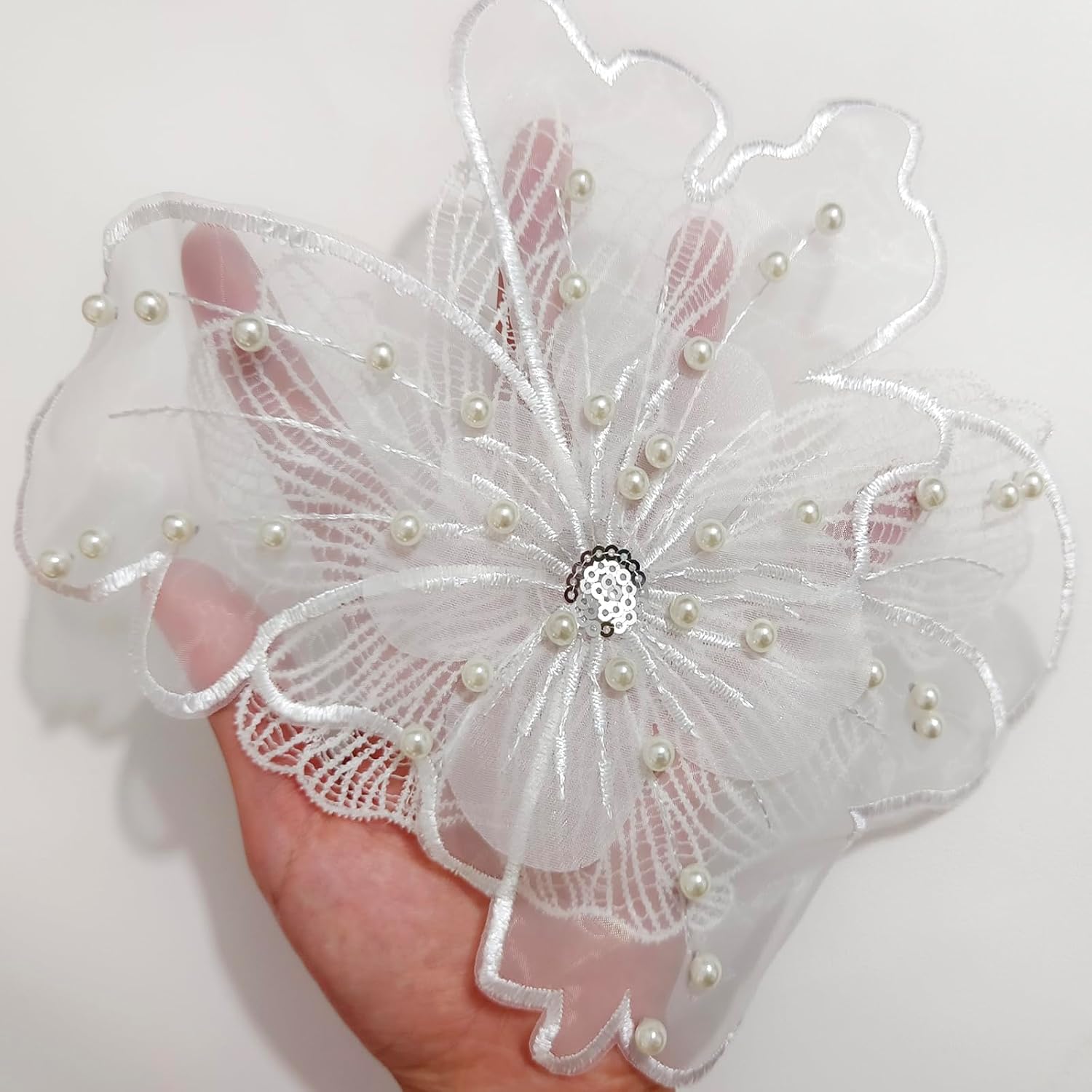 Flower Lace Embroidered Applique,2Pcs Pearl Embroidered Flower Patches for Bridal Wedding Dress Clothes Bags,White Beads Flower Sew on Patches DIY Craft