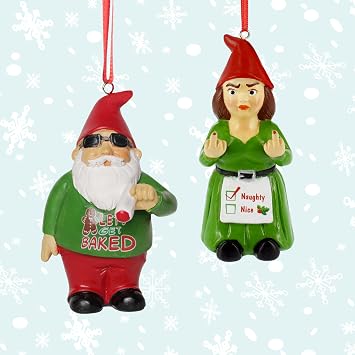 Gnometastic Gnomes Christmas Ornaments - Lets Get Baked + Naughty or Nice Funny Christmas Ornaments for Adults, Gag & White Elephant Gifts for Adults