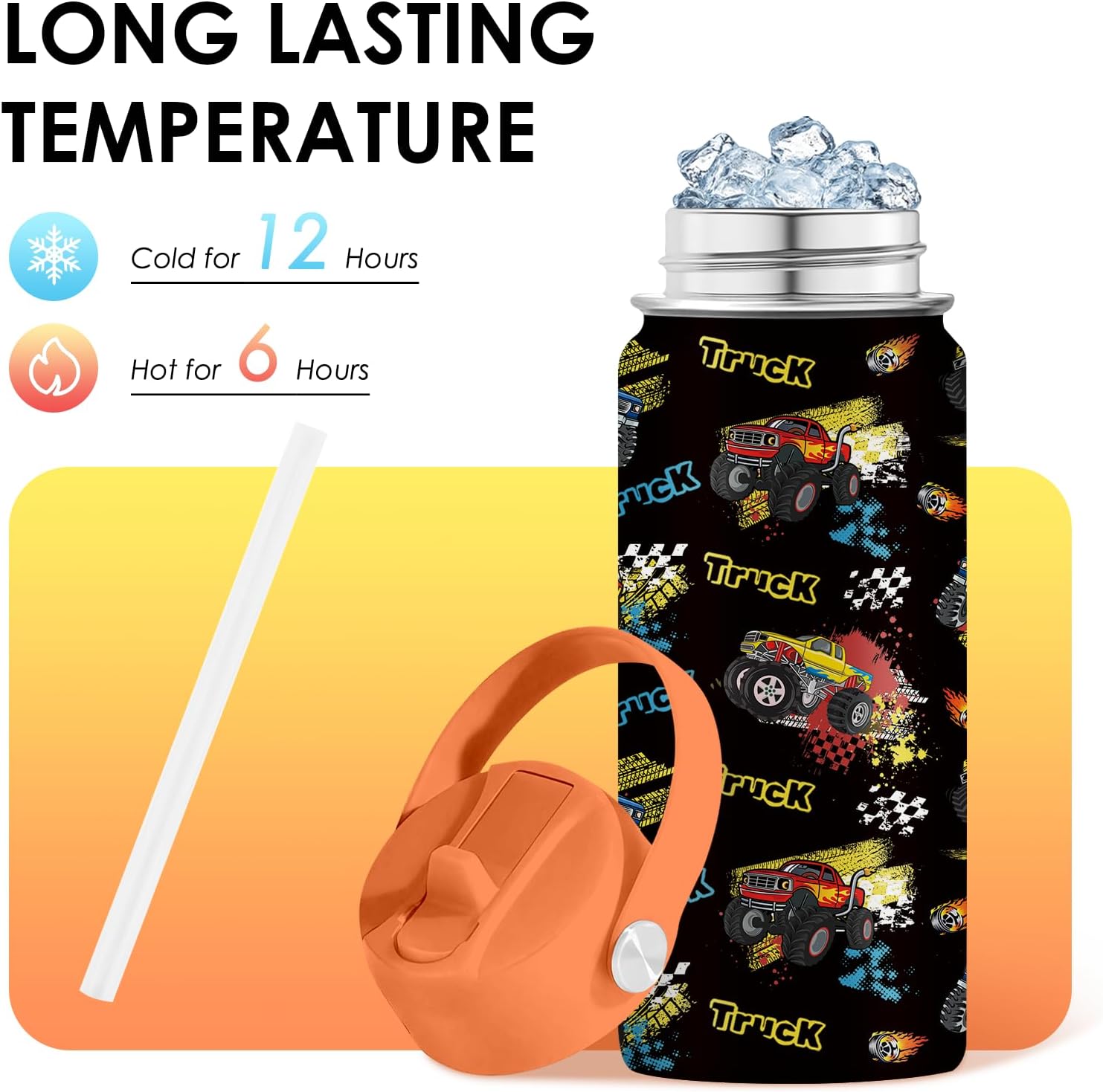 Truck Gifts for Kids - 16 Oz Kids Water Bottle with Straw Lid, Stainless Steel Insulated Tumbler, Leak Proof, BPA-Free, for Girls, School, Travel - Truck Lovers Children Birthday Gifts Cups(1pc) - Image 4