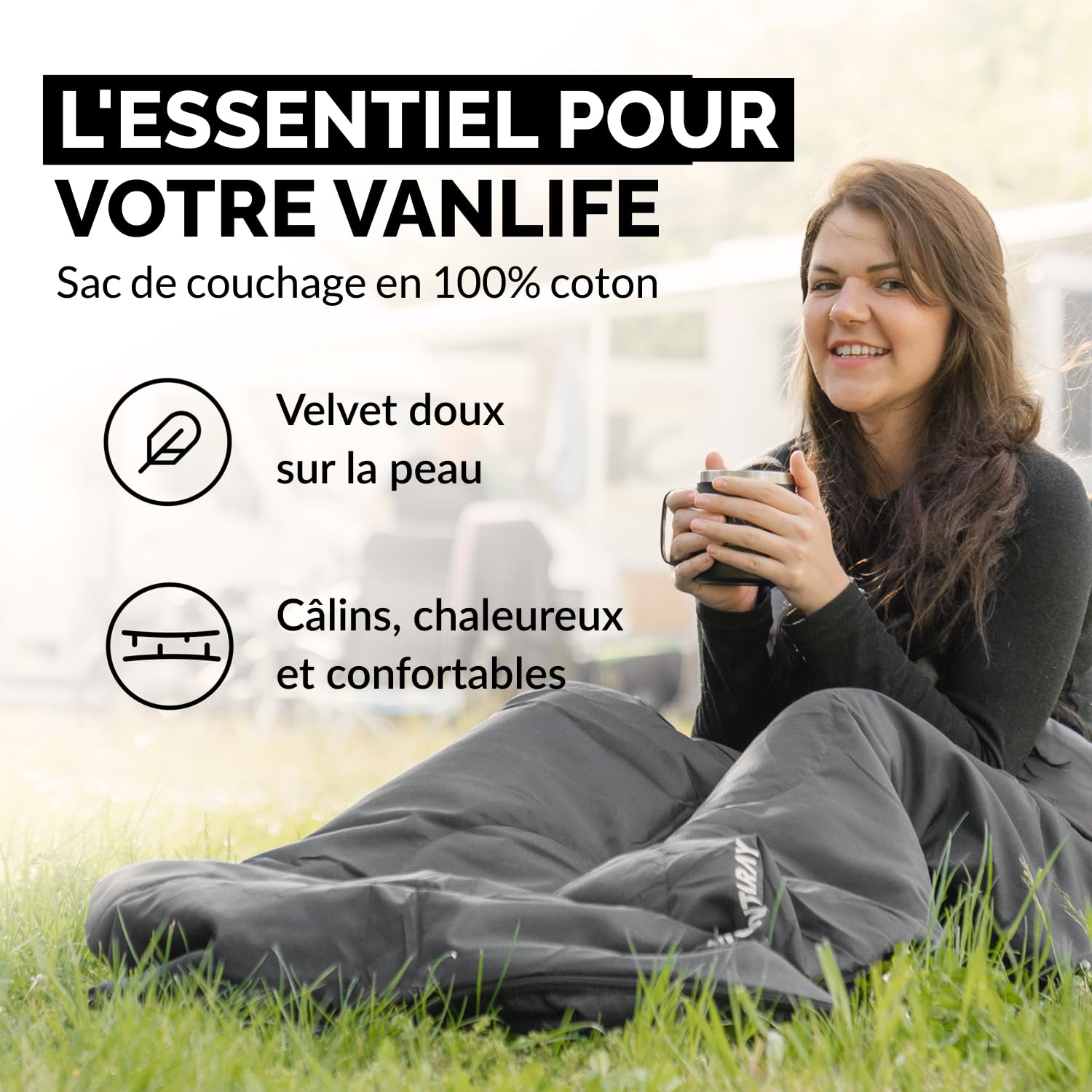 Sac de Couchage Couverture 100% Coton jusqu'à -3 °C avec Coussin, Sac de Couchage d'hiver et Sac de Couchage d'été [280 g/m²] pour 3 à 4 Saisons (75 x 190 cm) – Sac de Couchage pour Homme