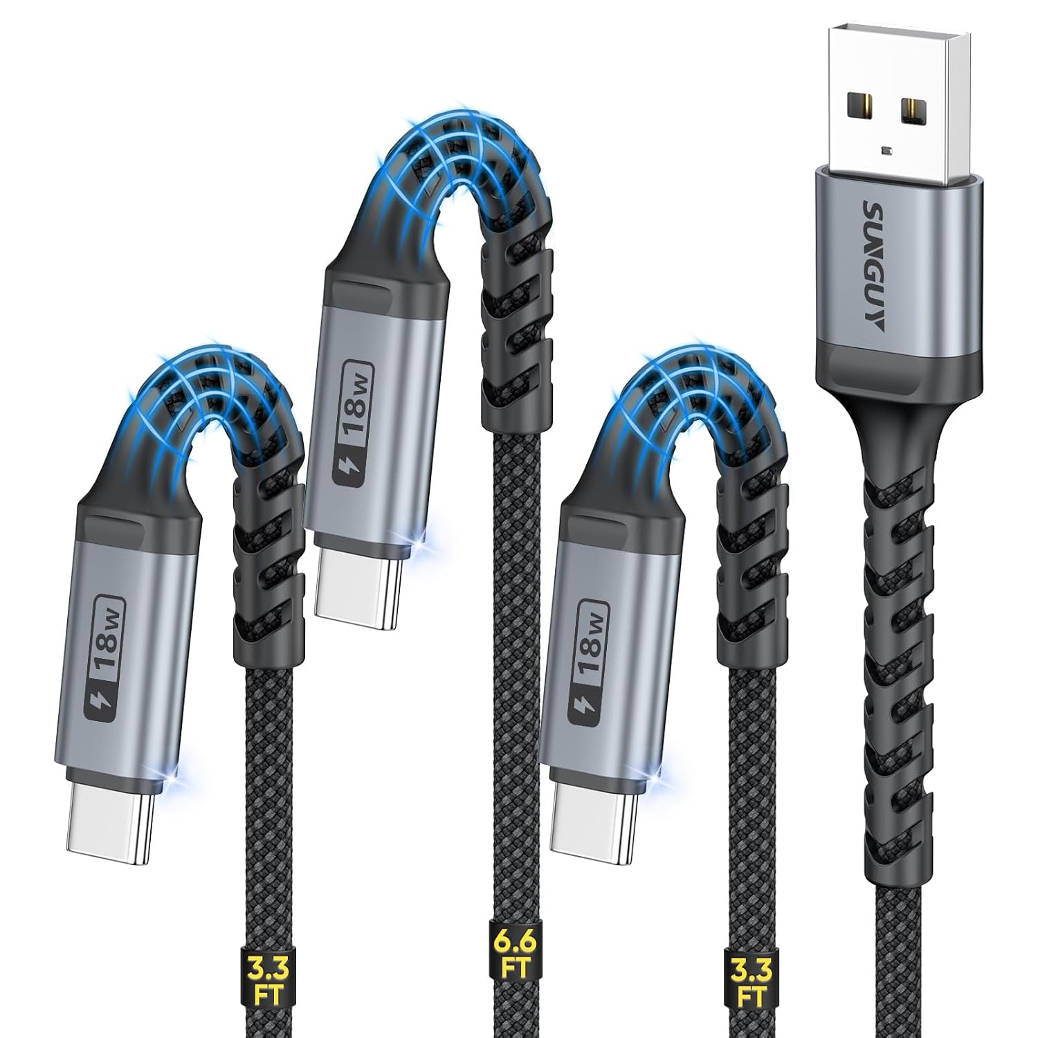 SUNGUY USB to USB C Cable, 3Pack [3.3FT+3.3FT+6.6FT] 3A Fast Charging Extra Durable USB A to C Cable for Car Android Auto/Carplay, Compatible with i-Phone 17 16 15 Series, Samsung, Moto, TypeC Devices