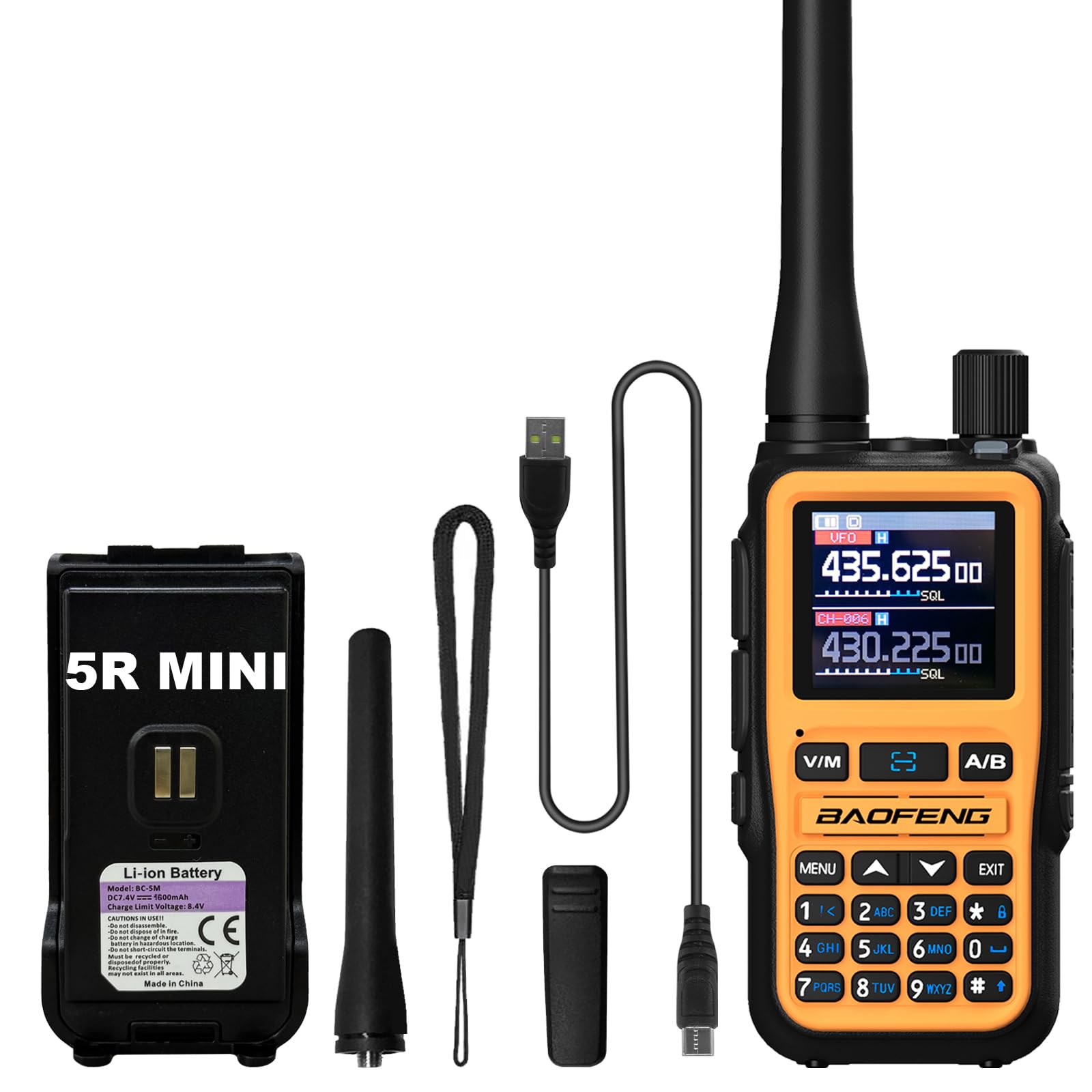 BAOFENG UV-5R Mini Two Way Radio BF-5R Mini Walkie Talkie Wireless Power Adjustable Tiny Size Frequency Copy 999 Channels Type-C Portable Ham Walkie Talkie (Orange)