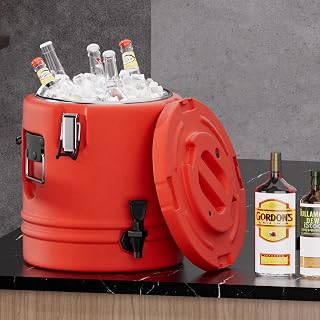 Insulated Beverage Dispenser - 5.3 Gallons, 304 Stainless Steel Insulated Soup Carrier Hot and Cold Insulated Bucket with Faucet Portable for Kitchen Restaurants Parties - Red Insulated Bucket