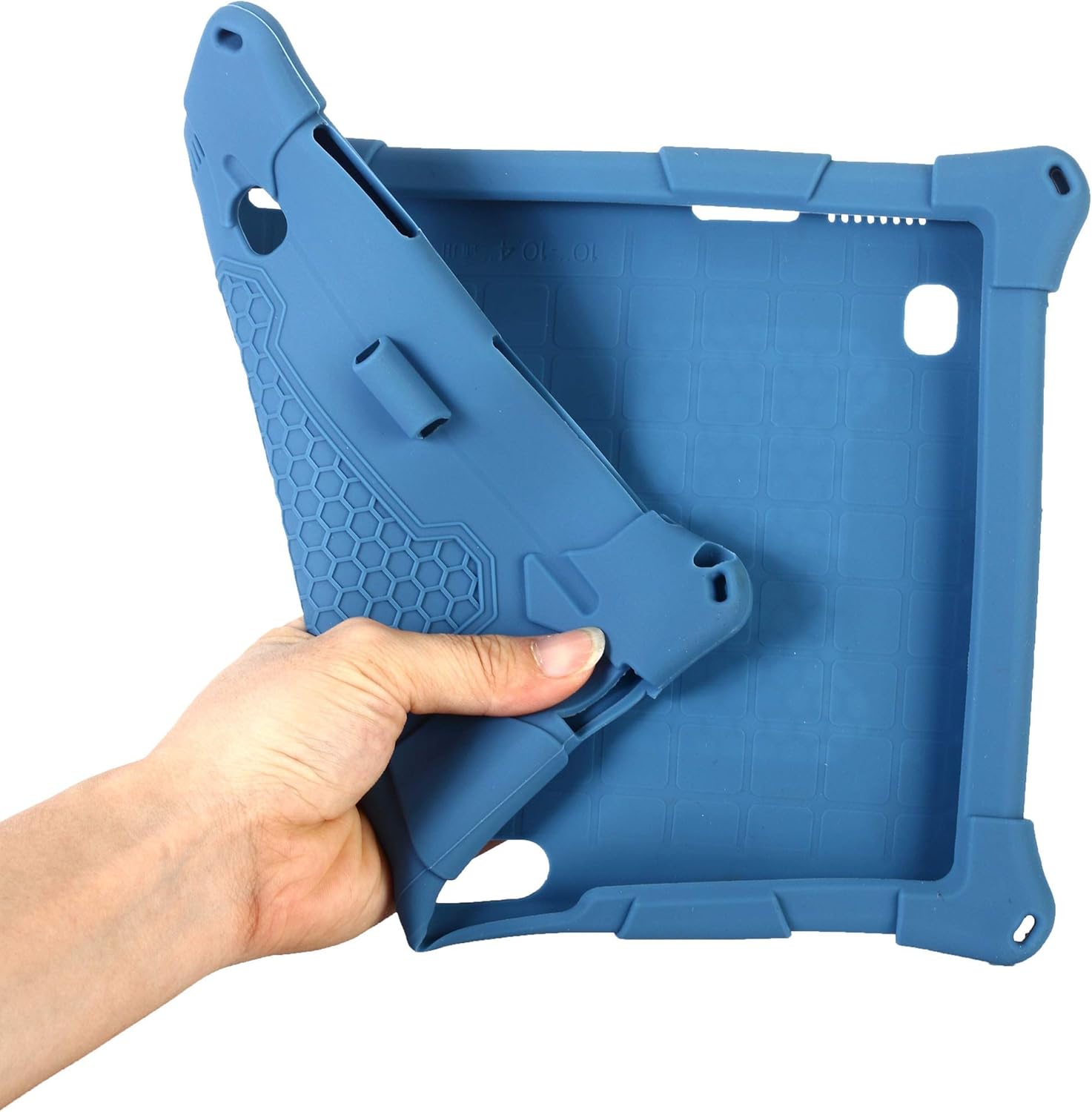 A hand demonstrating the flexibility of the blue AKNICI silicone tablet case by bending it