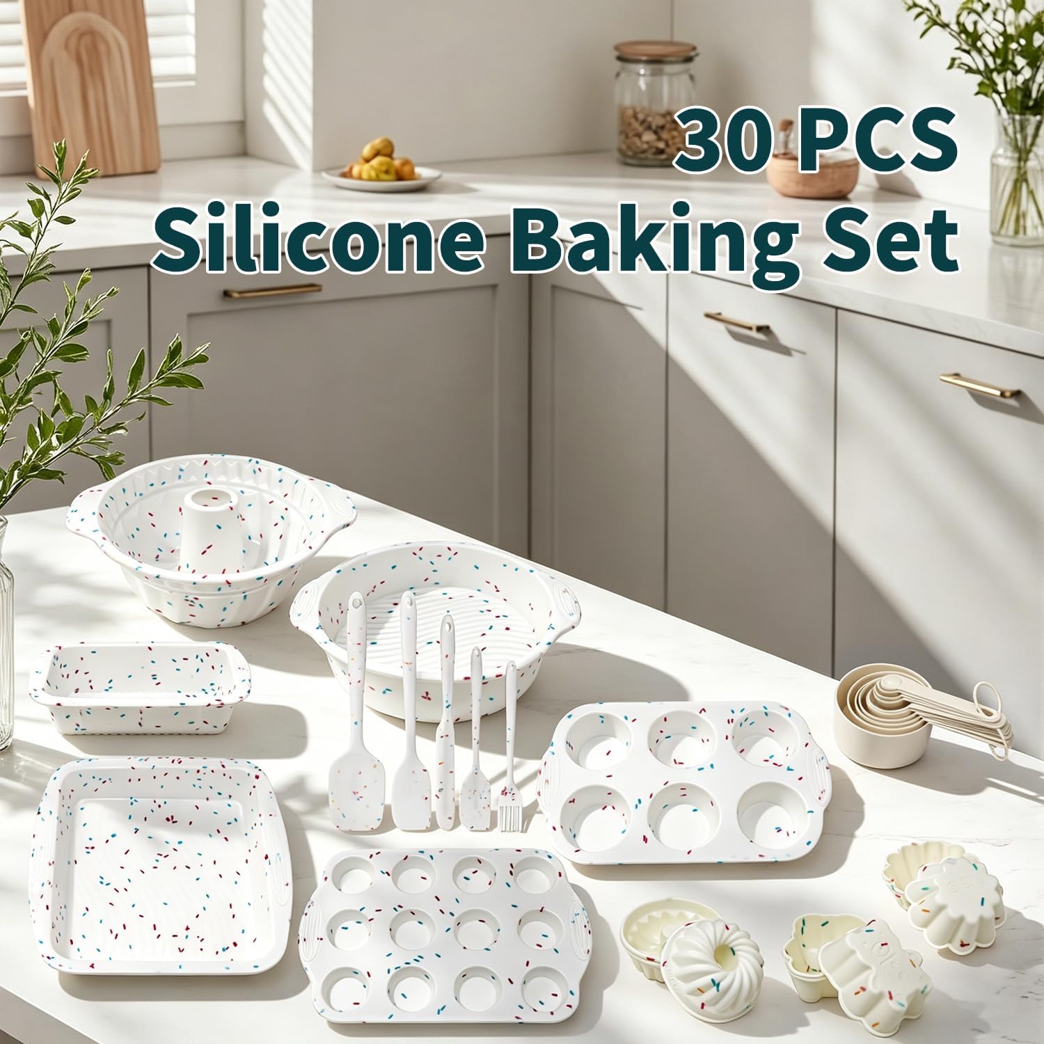 30PCS Silicone Baking Set, Nonstick Pan Sets with Round Square Cake Pans, Muffin Pan, Spatulas, Measuring Cups and Spoons for Making Bread, Cupcakes and Desserts