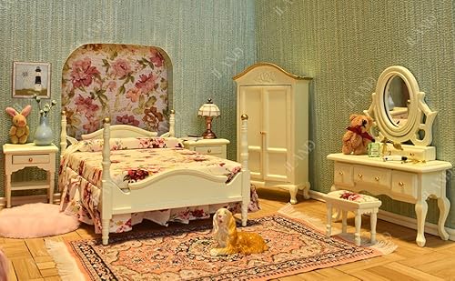 Iland Wooden Dollhouse Furniture 1/12 Scale, Dollhouse Bedroom Furniture In Cream Color Incl Dollhouse Bed & Dressing Table & Wardrobe (Elegant Miniature Furniture 6Pcs) #TOP1