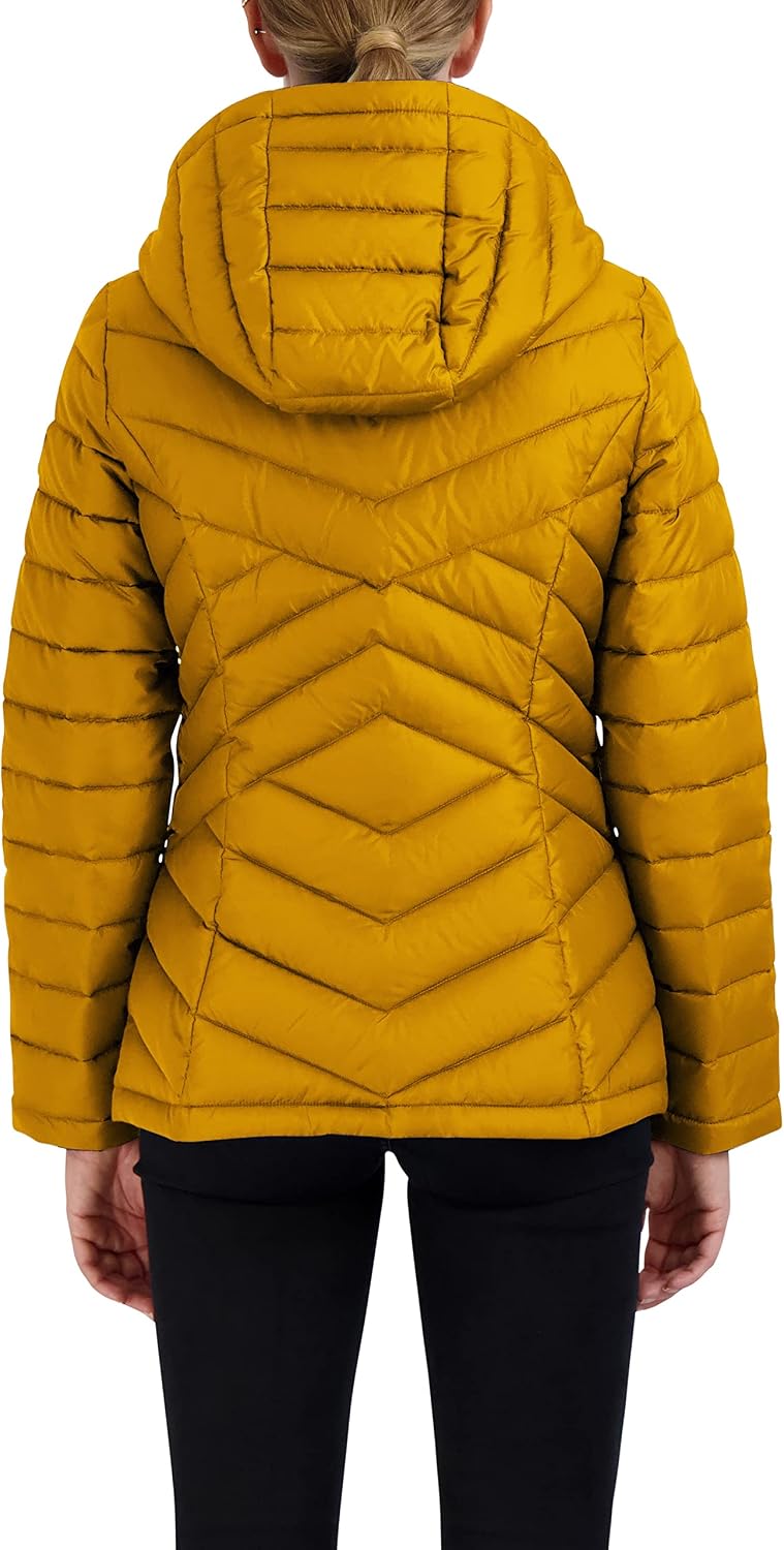 HFX Women's Mid-weight Puffer Jacket – Water-resistant, Stretch Quilted Coat, Removable Faux Sherpa Lined Hood, Recycled Fill