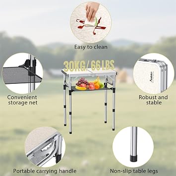 Anbte 2ft Folding Camping Table, 3 Adjustable Heights Small Portable Table