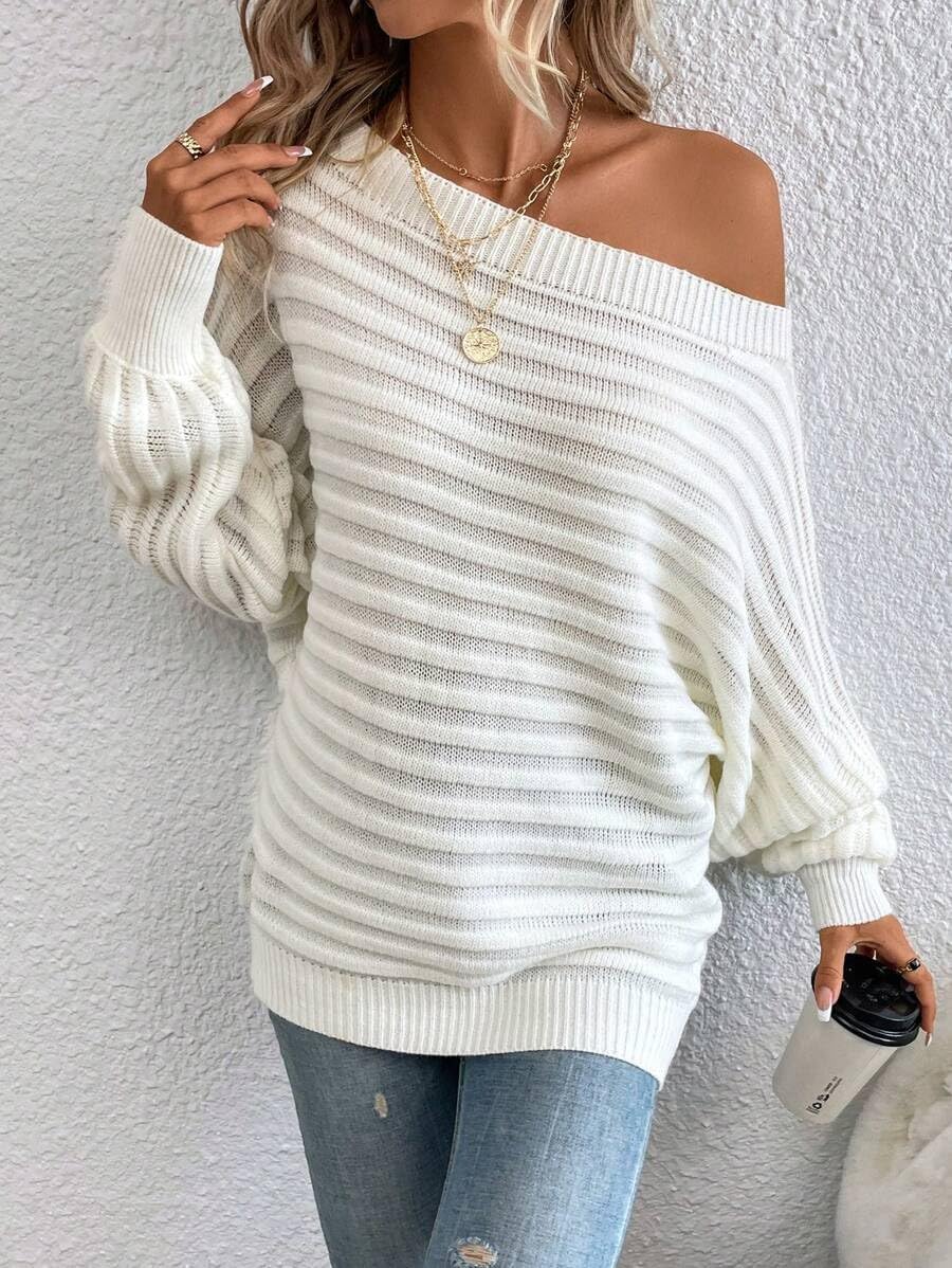 ZAFUL Womens Fall Sweaters Off The Shoulder Batwing Sleeve Textured Knit Tops Oversized One Shoulder Sweater - Image 2