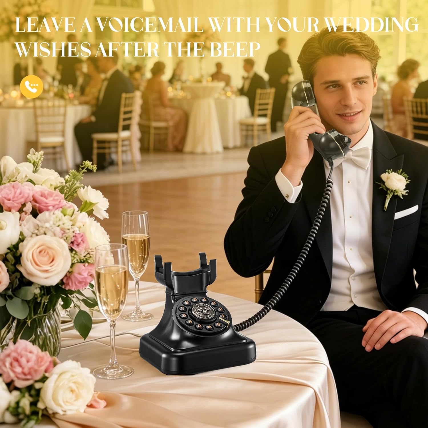 Audio Guest Book Wedding Phone - Vintage Style Voice Message Recorder with Signage, 32GB Storage & 500H Capacity - Perfect Guest Book Alternative for Receptions, Bridal Shower, Birthday & Baby Shower