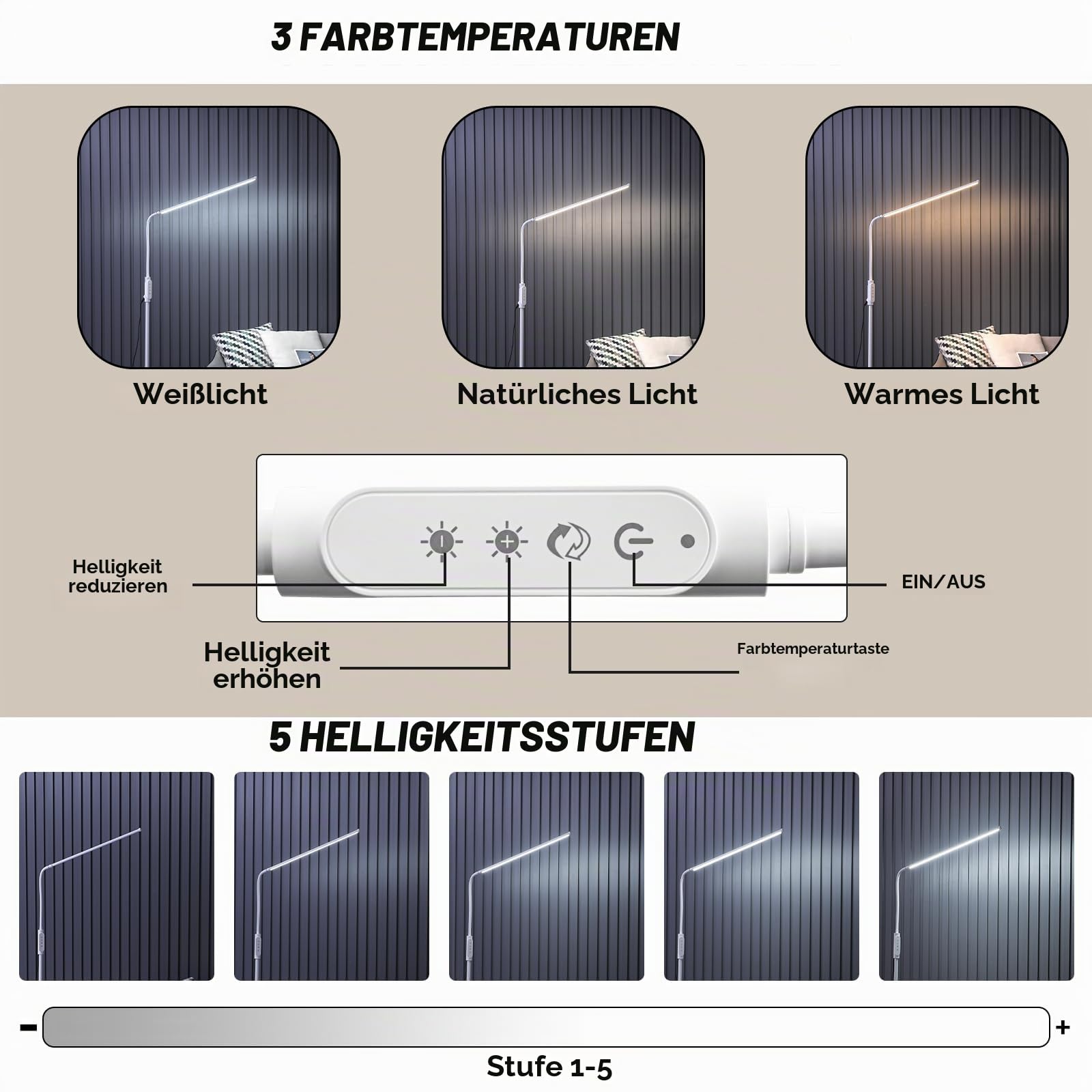 CGBE Extra-lange 60cm LED Stehlampe Dimmbar Touch-Steuerung für Wohnzimmer | 18W Standleuchte mit 360° Flexibler Schwanenhals - 3 Farbmodi und 5 Helligkeiten - Bogenlampe für Schlafzimmer Büro